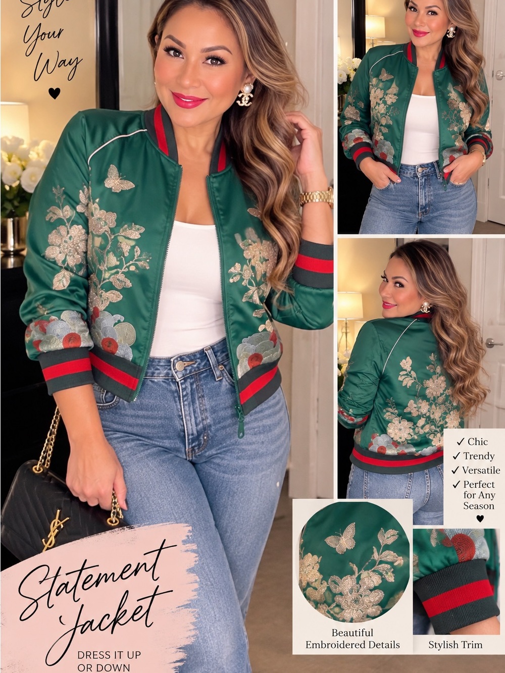 Embroidered Green Bomber Jacket with Red-Trim
